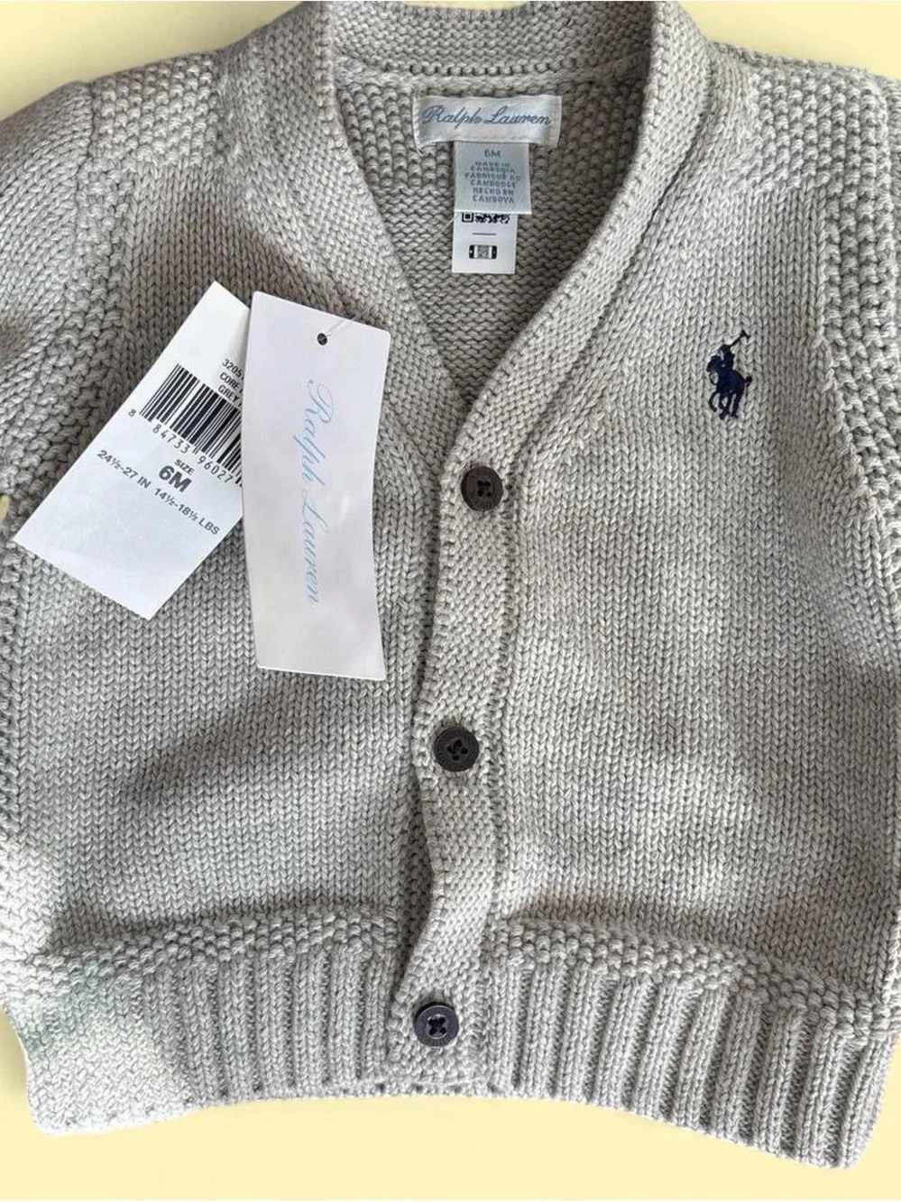 Ralph Lauren Light Gray Knit Baby Cardigan with Navy Pony